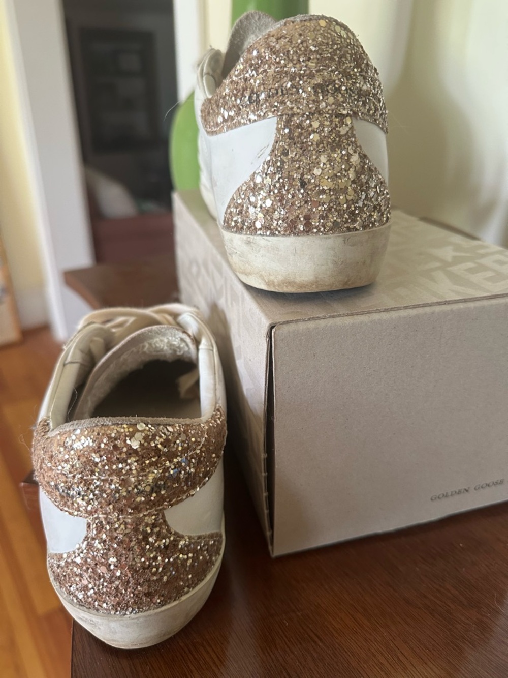 Golden Goose White Sneakers with Gold Glitter Heel and Silver Star - Picture 11 of 13